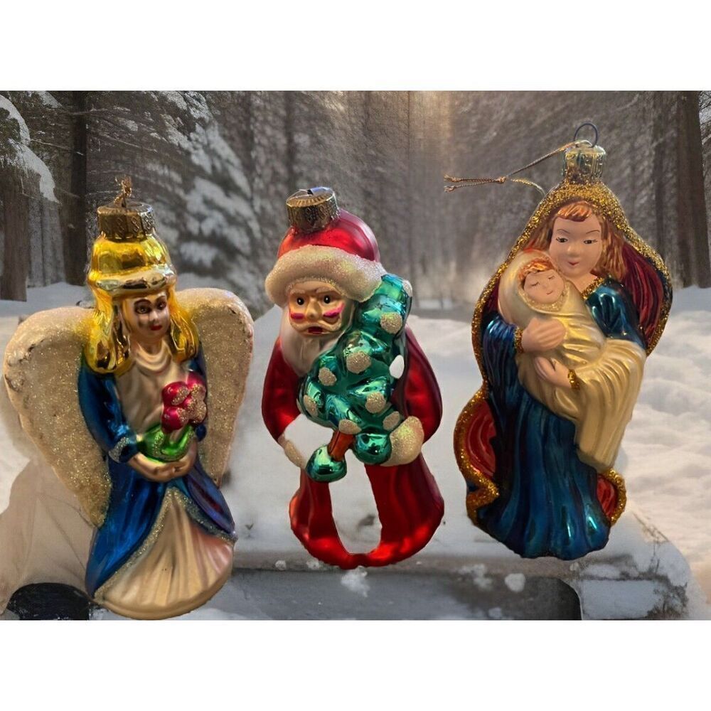 Set of 3 Pressed Glass Christmas‎ Tree Hanging Ornaments Red Blue Green Gold
